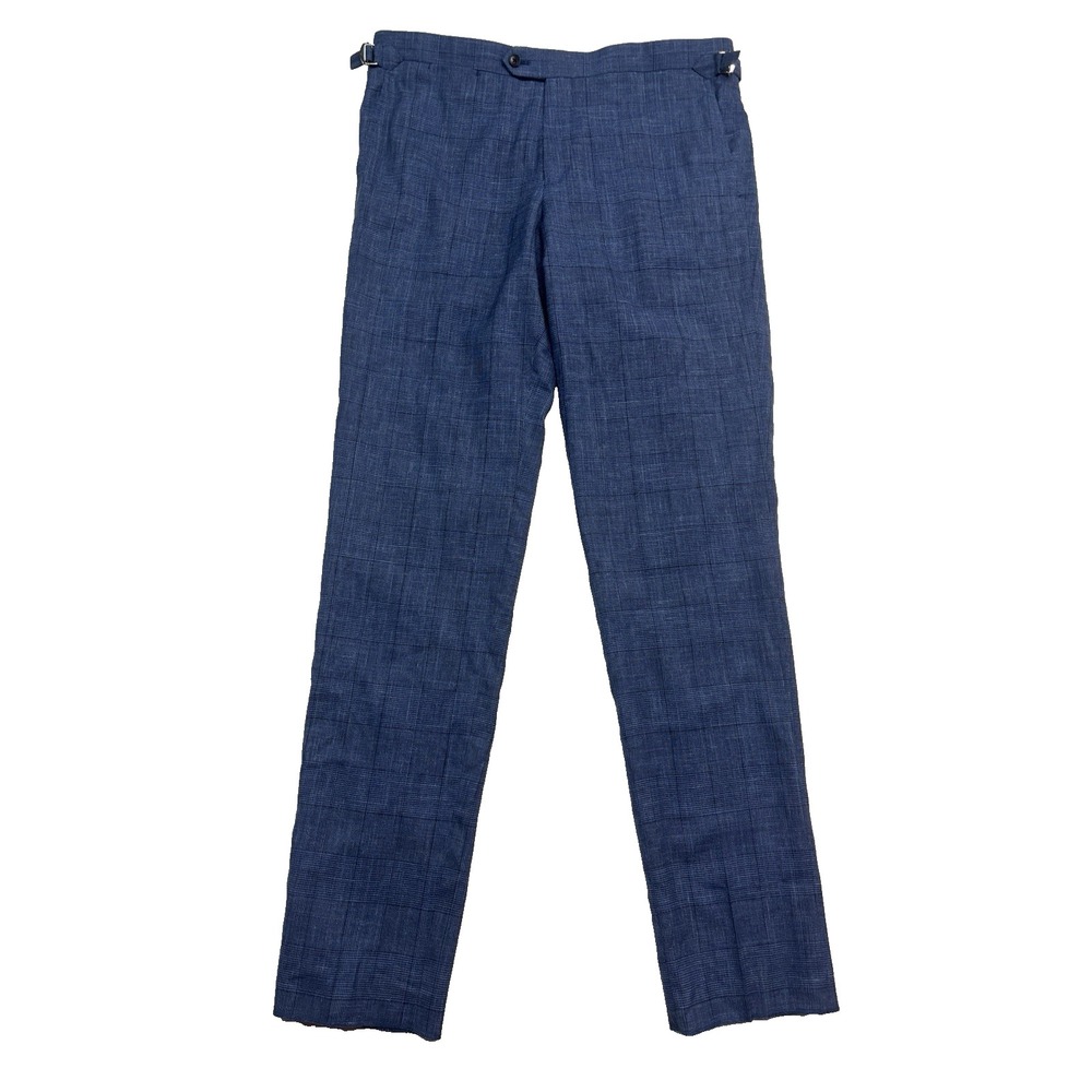 Atelier Munro Custom 38 Navy Blue Chambray Plaid Wool Silk Linen Pants Trousers